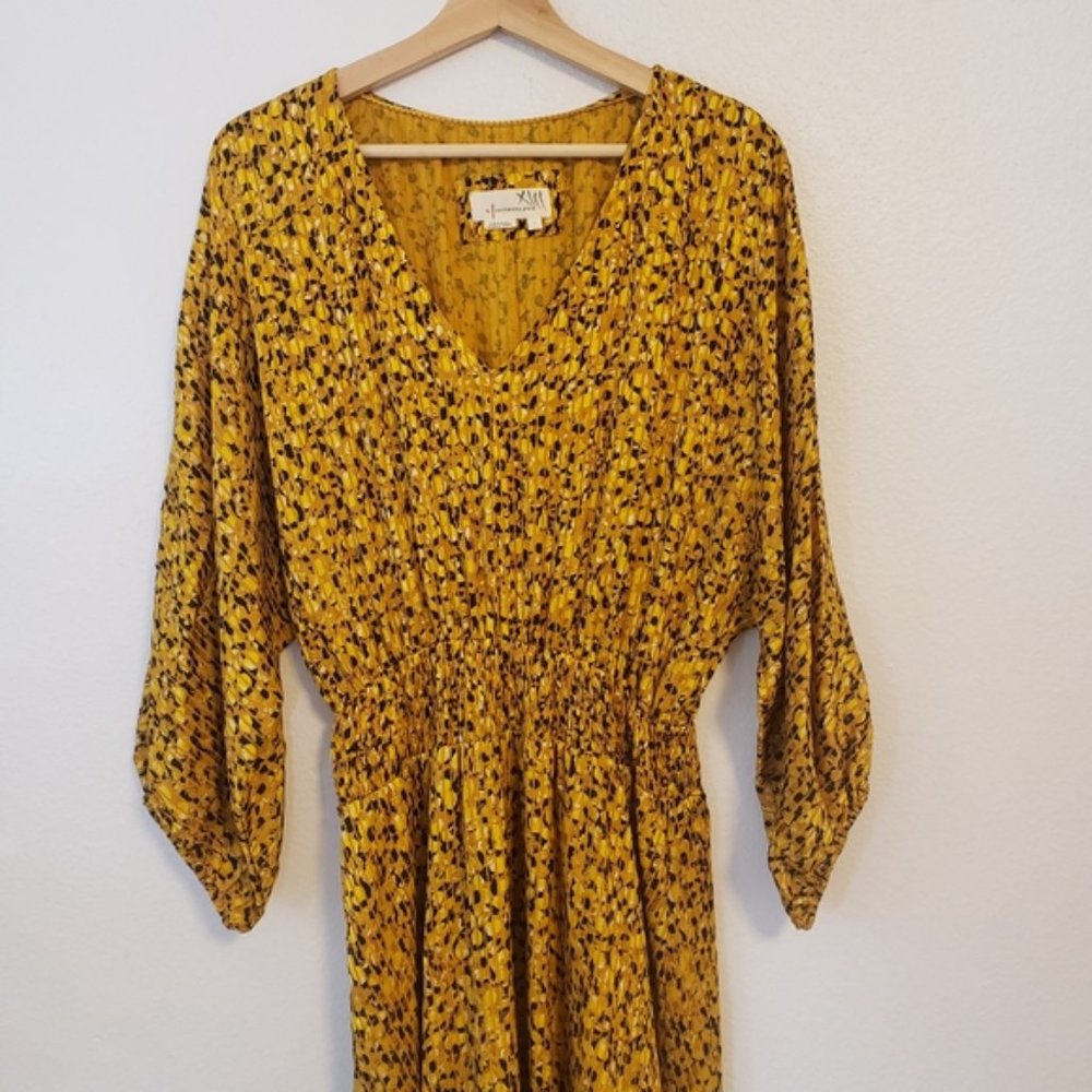 Anthropologie Marigold Smocked Waist Yellow 3/4 Sleeves Large V-neck Midi Dress - Picture 3 of 8